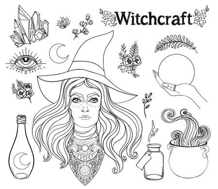 Witchcraft set. Ouija planchette , cauldron, crystal ball, poison bottle, herbs and flowers. Vector illustration isolated on white. Gothic design, magician symbol in black outlines. Future telling.のイラスト素材