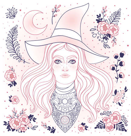 Wiccan witch. Vector Illustration in black and white. Young woman with long blond hair and magic hat. Alchemy, tattoo art, t-shirt design, adult magic coloring book. Pagan goddess.のイラスト素材