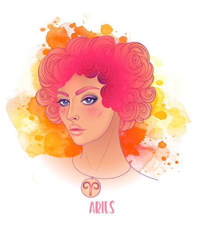 Aries astrological sign as a beautiful girl. Vector illustration over watercolor background isolated on white. Future telling, horoscope. Fashion woman zodiac set.のイラスト素材