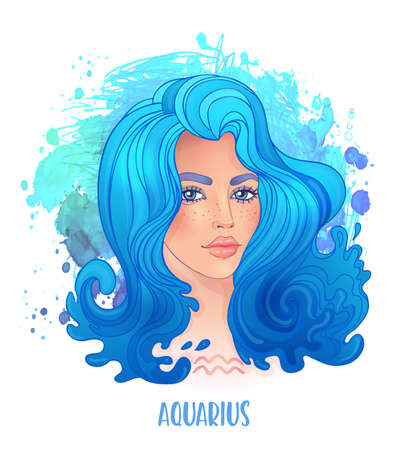Aquarius astrological sign as a beautiful girl. Vector illustration over watercolor background isolated on white. Future telling, horoscope. Fashion woman zodiac set.のイラスト素材