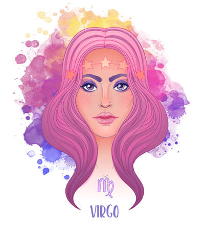 Virgo astrological sign as a beautiful girl. Vector illustration over watercolor background isolated on white. Future telling, horoscope. Fashion woman zodiac set.のイラスト素材