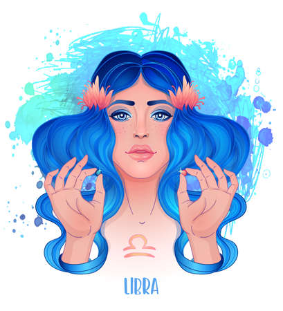 Libra astrological sign as a beautiful girl. Vector illustration over watercolor background isolated on white. Future telling, horoscope. Fashion woman zodiac set.の写真素材