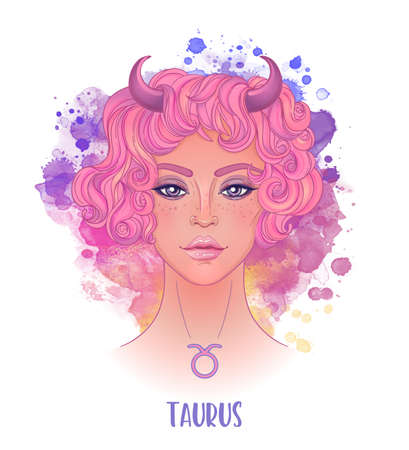 Taurus astrological sign as a beautiful girl. Vector illustration over watercolor background isolated on white. Future telling, horoscope. Fashion woman zodiac set.のイラスト素材