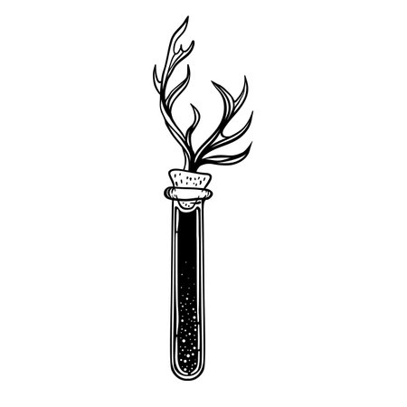 Magic potion, black bottle with deer antler. Vector illustration isolated on white. Spirituality, occultism, chemistry, magic tattoo concept.のイラスト素材