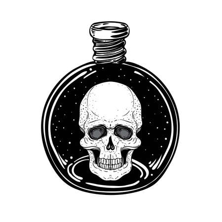 Magic potion, black bottle with moon and stars inside. Vector illustration isolated on white. Spirituality, occultism, chemistry, magic tattoのイラスト素材