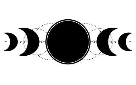 Triple moon pagan Wicca moon goddess symbol. Three-faced Goddess, Maiden, Mother, Crone vector illustration. Tattoo, astrology, alchemy, boho and magic symbol. Coloring Book.のイラスト素材