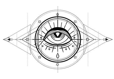 Eye of Providence. Masonic symbol. All seeing eye inside triple moon pagan Wicca moon goddess symbol. Vector illustration. Tattoo, astrology, alchemy, boho and magic symbol. Coloring book.のイラスト素材