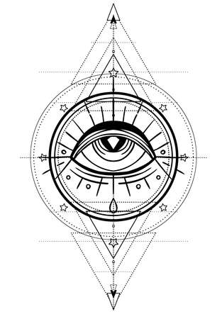 Eye of Providence. Masonic symbol. All seeing eye inside triple moon pagan Wicca moon goddess symbol. Vector illustration. Tattoo, astrology, alchemy, boho and magic symbol. Coloring book.のイラスト素材