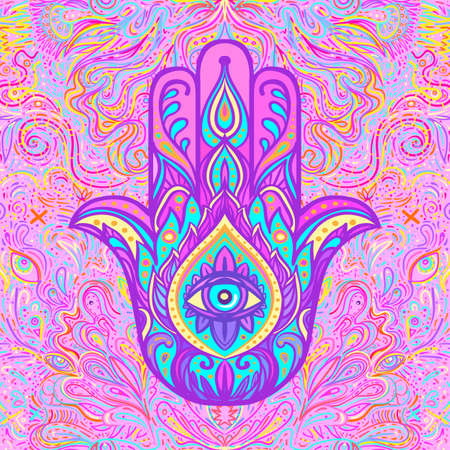 Sacred hand drawn hamsa symbol seamless pattern. Popular Arabic and Jewish amulet. Vector illustration in rainbow colors. Repetition background for textiles , wrapping paper or wallpapers.のイラスト素材