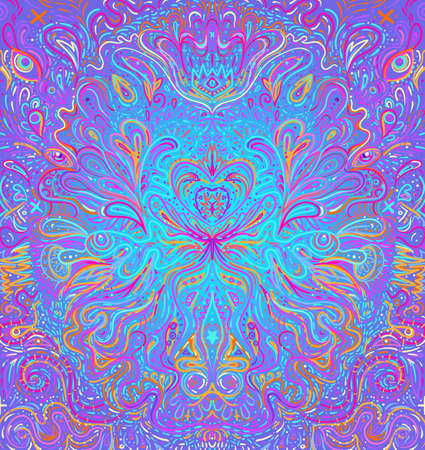 Hypnotic shamanic acid patterned background. Hand drawn design in ethnic Indian style. Mystic abstract hippie and boho texture. Occult and tribal fusion vector trippy.のイラスト素材