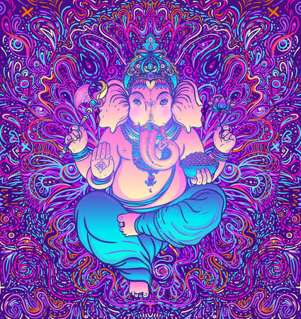 Beautiful hand-drawn tribal style elephant. Colorful paisley design, boho mandala patterns, ornaments. Ethnic background, spiritual art, yoga. Indian god Ganesha, Thai symbol. T-shirt print, poster.のイラスト素材