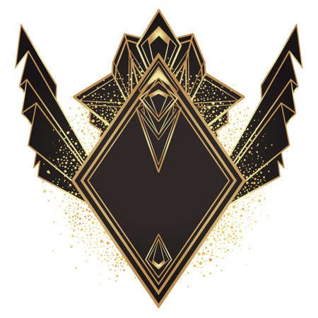 Art Deco vintage gold frame in black over white, design element. Retro party geometric background set, 1920s style. Vector illustration for glamour party, thematic wedding or textile prints.のイラスト素材