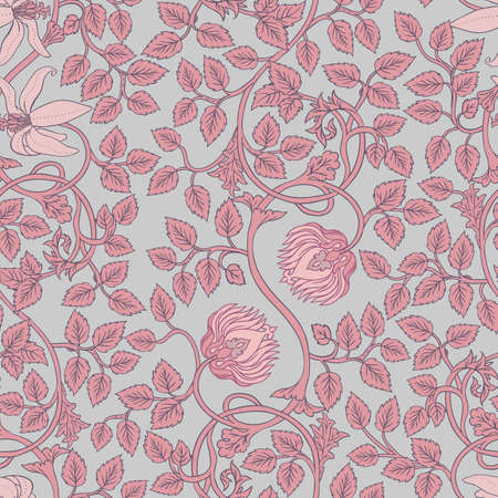 Floral vintage seamless pattern for retro wallpapers. Enchanted Vintage Flowers. Arts and Crafts movement inspired. Design for wrapping paper, wallpaper, fabrics and fashion clothes.のイラスト素材