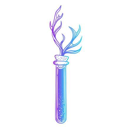 Magic potion: black bottle with deer antler. Vector illustration gradient isolated on white. Spirituality, occultism, chemistry, magic tattoo concept.のイラスト素材