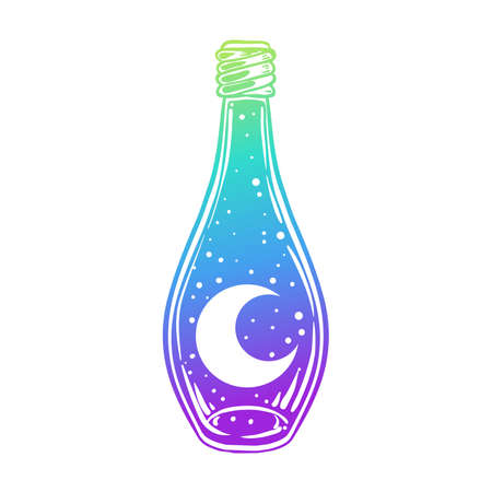 Magic potion: gradient bottle with moon and stars inside. Vector illustration isolated on white. Spirituality, occultism, chemistry, magic tattoo concept. Halloween, astrological elements.のイラスト素材