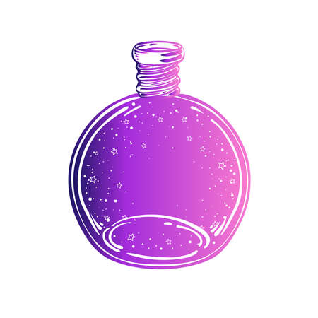 Magic potion: black bottle. Vector gradient violet illustration isolated on white. Spirituality, occultism, chemistry, magic tattoo concept.のイラスト素材