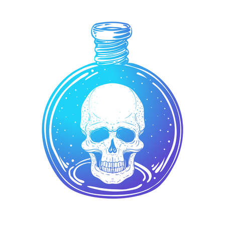 Magic potion: gradient blue bottle with moon and stars inside. Vector illustration isolated on white. Spirituality, occultism, chemistry, magic tattoo concept.のイラスト素材
