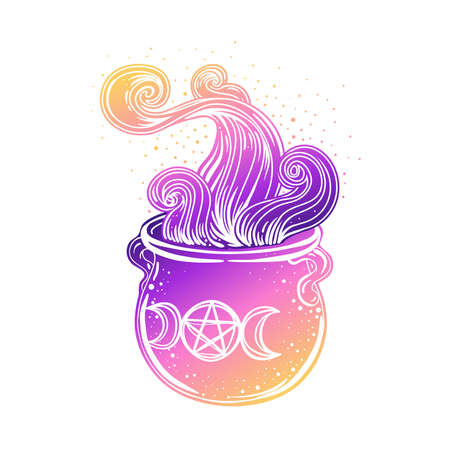 Witches cauldron. Vector isolated illustration in Victorian style. Mediumship divination equipment. flash tattoo drawing. Alchemy, religion, spirituality, occultism.のイラスト素材