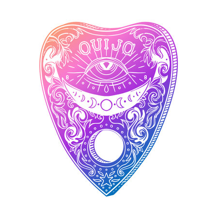 Heart-shaped planchette for spirit talking board. Vector isolated illustration in Victorian style. Mediumship divination equipment. flash tattoo drawing. Alchemy, religion, spirituality, occultism.のイラスト素材