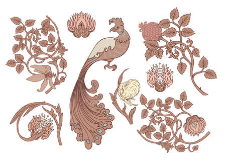 Nature vintage elements. Enchanted Vintage Flowers and bird. Arts and Crafts movement inspired. Vector design elements. Isolated on white.のイラスト素材