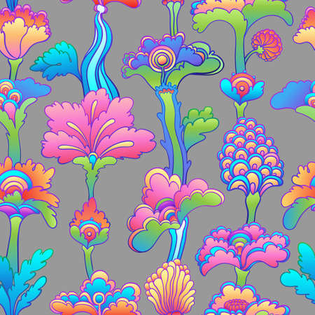 Floral colorful seamless pattern, retro 60s, 70s hippie style background. Vintage psychedelic textile, fabric, wrapping, wallpaper. Vector repeating illustration.のイラスト素材