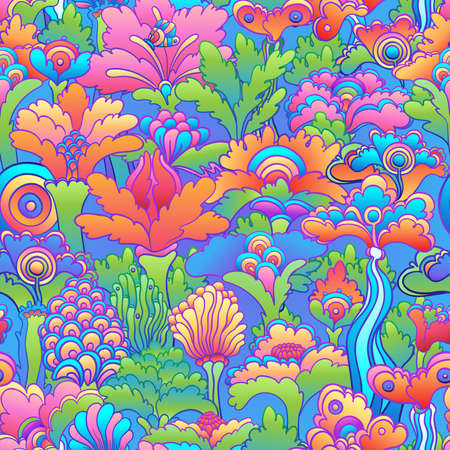 Floral colorful seamless pattern, retro 60s, 70s hippie style background. Vintage psychedelic textile, fabric, wrapping, wallpaper. Vector repeating illustration.のイラスト素材