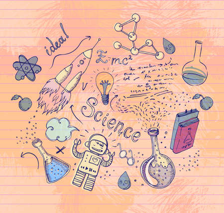 Back to School: science lab objects doodle vintage style sketches seamless pattern, vector illustration. Doodle lab equipment. Note book page paper.Biology geology alchemy chemistry. Tattoo elements.のイラスト素材