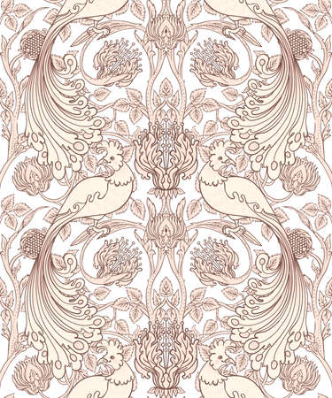 Floral vintage seamless pattern wit birds for retro wallpapers. Enchanted Vintage Flowers. Arts and Crafts movement inspired. Design for wrapping paper, wallpaper, fabrics and fashion clothes.のイラスト素材