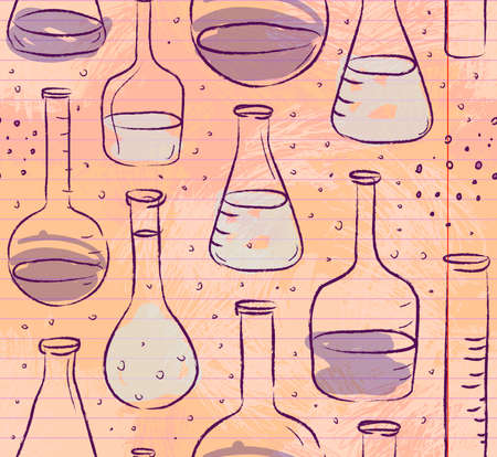 Back to School: science lab objects doodle vintage style sketches seamless pattern, vector illustration. Doodle lab equipment. Note book page paper.Biology geology alchemy chemistry. Tattoo elements.のイラスト素材