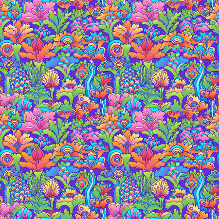 Floral colorful seamless pattern, retro 60s, 70s hippie style background. Vintage psychedelic textile, fabric, wrapping, wallpaper. Vector repeating illustration.のイラスト素材
