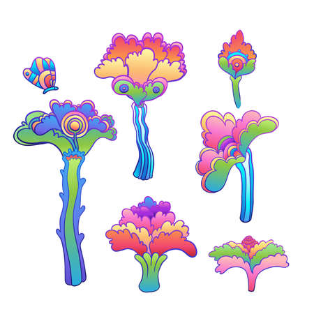 Colorful flower set, retro 60s, 70s hippie style. Vintage psychedelic vector design elements. Isolated on white. Great for stickers, patches and textile prints.のイラスト素材