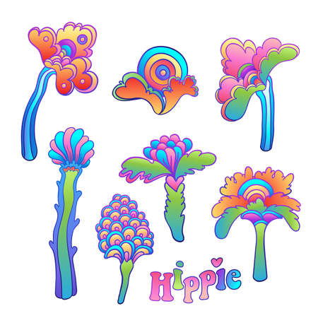 Colorful flower set, retro 60s, 70s hippie style. Vintage psychedelic vector design elements. Isolated on white. Great for stickers, patches and textile prints.のイラスト素材