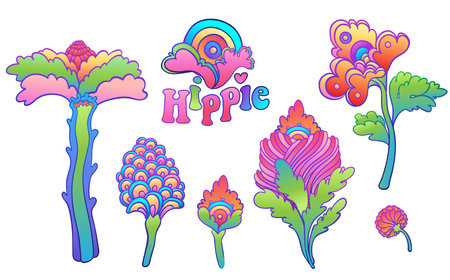 Colorful flower set, retro 60s, 70s hippie style. Vintage psychedelic vector design elements. Isolated on white. Great for stickers, patches and textile prints.のイラスト素材