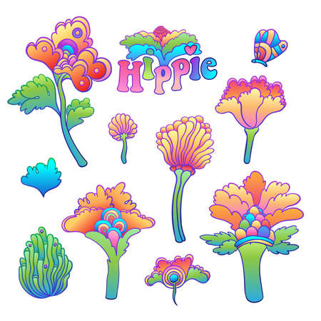 Colorful flower set, retro 60s, 70s hippie style. Vintage psychedelic vector design elements. Isolated on white. Great for stickers, patches and textile prints.のイラスト素材