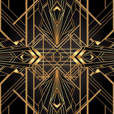 Art deco style geometric seamless pattern in black and gold. Vector illustration. Roaring 1920 s design. Jazz era inspired . 20 s. Vintage Fabric, textile, wrapping paper, wallpaper.のイラスト素材