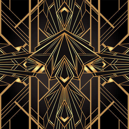 Art deco style geometric seamless pattern in black and gold. Vector illustration. Roaring 1920 s design. Jazz era inspired . 20 s. Vintage Fabric, textile, wrapping paper, wallpaper.のイラスト素材