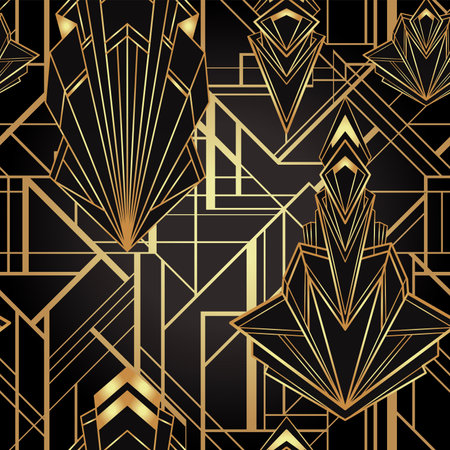 Art deco style geometric seamless pattern in black and gold. Vector illustration. Roaring 1920 s design. Jazz era inspired . 20 s. Vintage Fabric, textile, wrapping paper, wallpaper.のイラスト素材