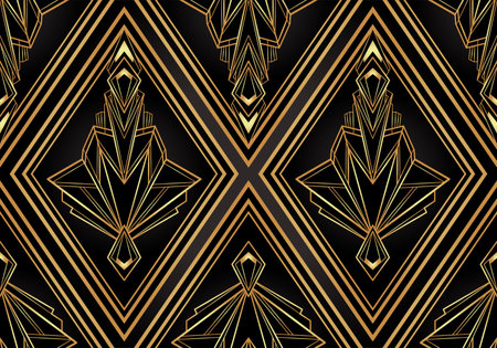 Art deco style geometric seamless pattern in black and gold. Vector illustration. Roaring 1920 s design. Jazz era inspired . 20 s. Vintage Fabric, textile, wrapping paper, wallpaper.のイラスト素材