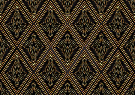 Art deco style geometric seamless pattern in black and gold. Vector illustration. Roaring 1920 s design. Jazz era inspired . 20 s. Vintage Fabric, textile, wrapping paper, wallpaper.のイラスト素材