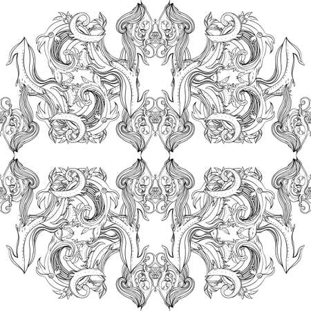 Vector black and white ornamental Lotus Bohemian floral paisley seamless ornament. Folk henna tattoo style pattern. Indian style. Vintage ornate vector wallpaper. Astrology, alchemy, spirit, magic.のイラスト素材