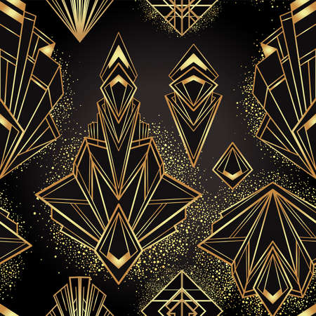 Art deco style geometric seamless pattern in black and gold. Vector illustration. Roaring 1920 s design. Jazz era inspired . 20 s. Vintage Fabric, textile, wrapping paper, wallpaper.のイラスト素材