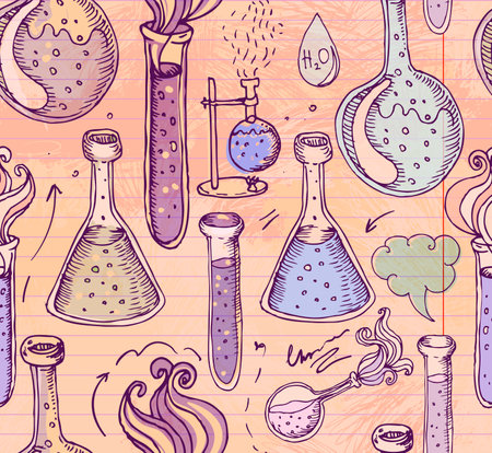Back to School: science lab objects doodle vintage style sketches seamless pattern, vector illustration. Doodle lab equipment. Note book page paper.Biology geology alchemy chemistry. Tattoo elements.のイラスト素材