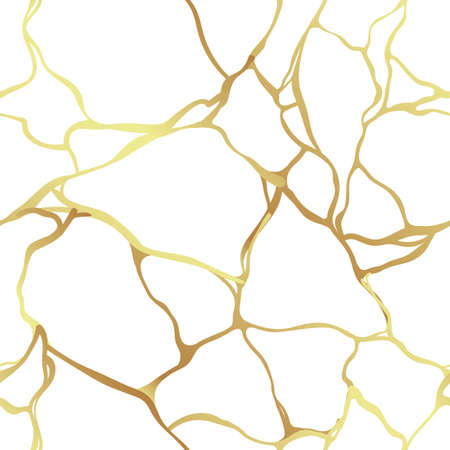 Kintsugi vector illustration. Japanese art, repairing broken pottery with gold. Luxury golden marble seamless texture. Crack and broken ground pattern for fabric print and wallpaper.のイラスト素材