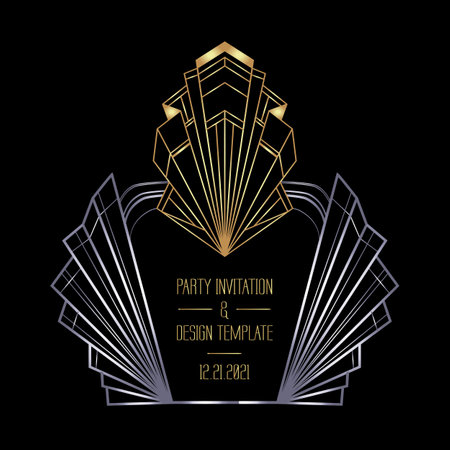 Art Deco vintage gold and silver design element over black. Retro party geometric background set (1920s style). Vector illustration for glamour party, thematic wedding or textile prints.のイラスト素材