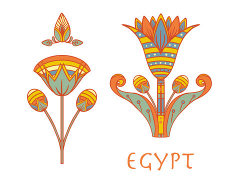 Egyptian floral colorful design element set isolated on white. Lotus flower, vector sign, symbol, logo illustration. Spirituality, occultism, chemistry, flower tattoo.のイラスト素材