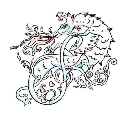 Mythological magic beast Basilisk, legendary bizarre creature. Decorative design in medieval style. Dragon, burning flame. Vector illustration.のイラスト素材
