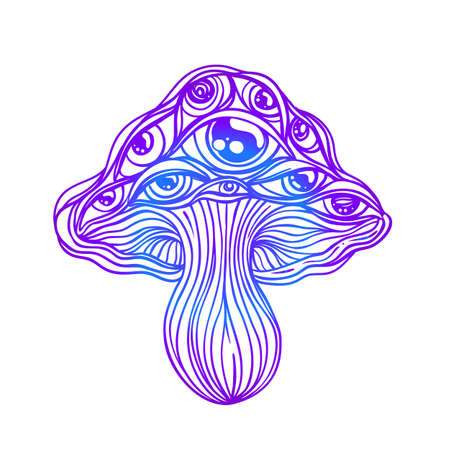 Magic mushrooms. Psychedelic hallucination. Vibrant vector illustration. 60s hippie colorful art. Decoration in ethnic boho style tattoo. Alchemy or astrology, esoteric or festive design.のイラスト素材
