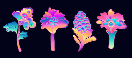 Colorful flower set, retro 60s, 70s hippie style. Vintage psychedelic vector design elements. Isolated on black. Great for stickers, patches and textile prints.のイラスト素材