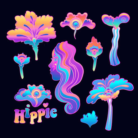 Colorful flower set, retro 60s, 70s hippie style. Vintage psychedelic vector design elements. Isolated on black. Great for stickers, patches and textile prints.のイラスト素材