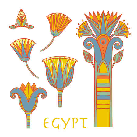 Egyptian floral colorful design element set isolated on white. Lotus flower, vector sign, symbol, logo illustration. Spirituality, occultism, chemistry, flower tattoo.のイラスト素材